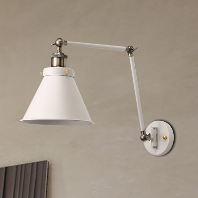 Metal Swing Arm Wall Lighting Industrial Style 1 Head Black/White Reading Wall Light with Conical Shade for Bedroom