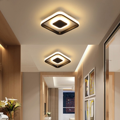 Minimal Round/Square Frame Mini Ceiling Lamp Metallic LED Foyer Black Flush Lighting in Warm/White/3 Color Light