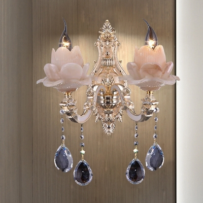 Modernism Lotus Wall Light White Glass 1/2 Heads Living Room Sconce Light with Crystal Drip Decoration