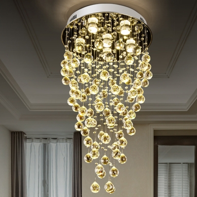 Nickel Cascade Flush Mount Contemporary 6 Bulbs Crystal Ceiling Mounted Light for Living Room