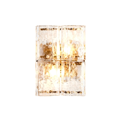 Rectangle Wall Sconce Light with Clear Water Glass Shade Modernist 2 Lights Wall Mount Light in Gold for Bedroom