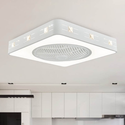 Round/Square Flush Mount Lighting Modern Metal LED White Ceiling Fan Light with Crystal Accent