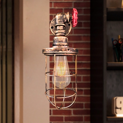 Rustic Style Caged Wall Light Iron 1 Bulb Corridor Wall Sconce Lighting with Red Valve Design in Aged Brass/Black