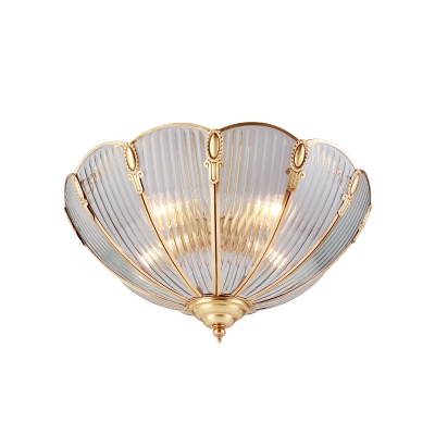 Scalloped Living Room Flush Mount Light Colonial Ribbed Glass 3 Bulbs Brass Close to Ceiling Lamp