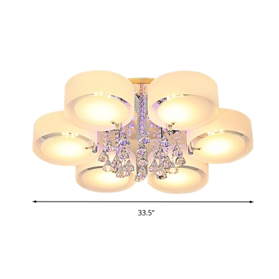 White Drum Ceiling Light Modern 3/5/6 Heads Frosted Glass Flush Mount Light with Crystal Drop