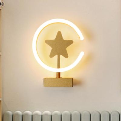 White/Gold Circle Flush Mount Wall Sconce with Star Pattern Cartoon Acrylic LED Wall Lighting, Warm/White Light