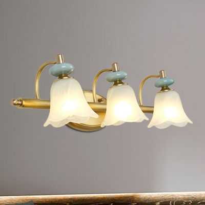 Wide Flared Vanity Lighting Contemporary Opal Glass 2/3 Heads Sconce Light Fixture with Brass Metal Curved Arm
