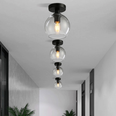 1 Bulb Corridor Semi Flush Mount Light Industrial Style Black Semi Mount Lighting with Global Clear Glass Shade