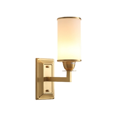 1 Bulb Cylinder Sconce Lamp Simple Milk Glass Wall Lighting Fixture with Brass Metal Arm