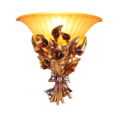 1 Bulb Sandblasted Glass Wall Light Vintage Style Golden Flared Sconce Light Fixture