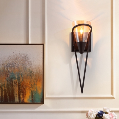 1 Light Dining Room Wall Mounted Lamp Vintage Black Sconce Light with Funnel Amber Glass Shade