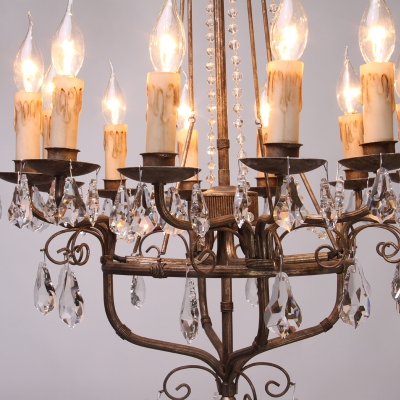 12 Lights Candle Suspension Pendant Country Bronze Crystal Chandelier Lamp for Living Room