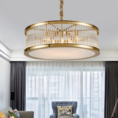 6 Heads Living Room Chandelier Lighting Modern Black/Brass Hanging Lamp with Drum Crystal Rod Shade