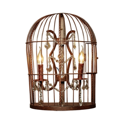 Birdcage Bedroom Wall Lamp Country Metal 2-Light Rust Sconce Light Fixture with Crystal Drop