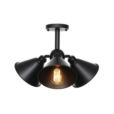 Black Cone/Saucer Ceiling Mounted Fixture Industrial Style Metal 3 Heads Black Semi Flush Light Fixture