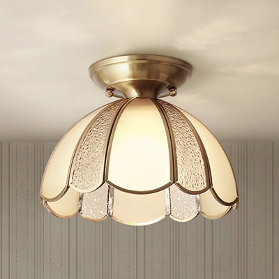 Brass 1 Light Flush Mount Fixture Colonialism Curved Frosted Glass Scalloped Ceiling Mounted Light for Dining Room, 10