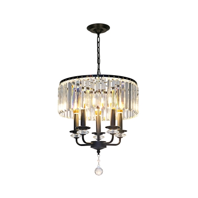 Candle Style Chandelier Lamp with Drum Clear Crystal Shade 5 Lights Modern Suspension Light in Black