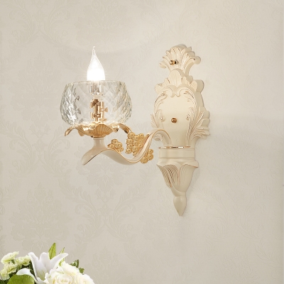 Carved Arm Wall Light Sconce with Clear Glass Bowl Lampshade Vintage 1/2 Bulbs Wall Mount Light in White