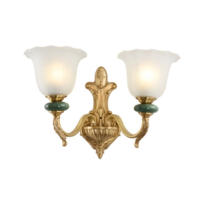 Class Style Floral Wall Lighting Fixture 1/2-Light Frosted Glass and Metal Wall Lamp in Gold for Dining Room