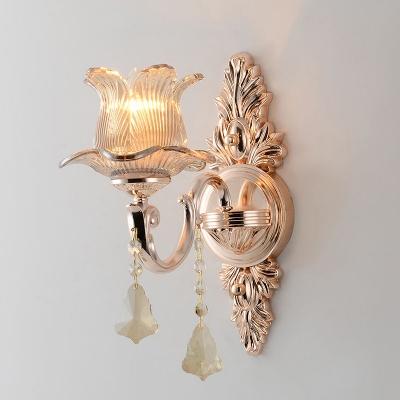 Contemporary Flower Prism Glass Wall Lamp 1/2 Heads Sconce Light in Brass with Crystal Drop Decoration