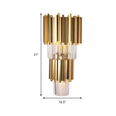 Contemporary Multi Layer Wall Lamp Metal and Crystal Prisms 2/3 Bulbs Wall Mounted Light in Brass