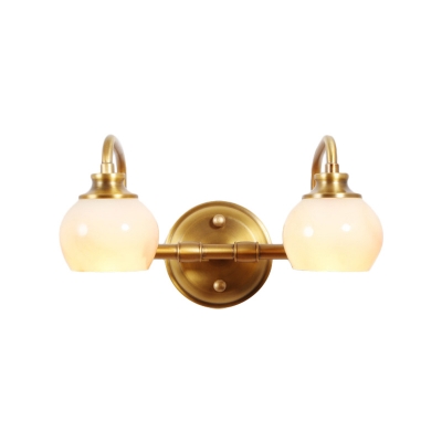 Curved Arm Vanity Sconce Modernism Metal 2/3 Heads Brass Wall Lamp Fixture with Globe Milky Glass Shade