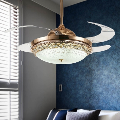 Dome Metal Ceiling Fan Lamp Modernist LED Gold Semi Flush Light with Crystal Decor for Bedroom