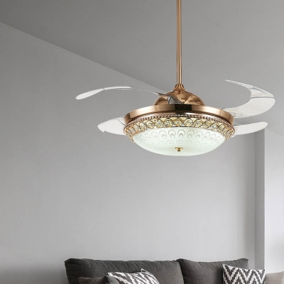 Dome Metal Ceiling Fan Lamp Modernist LED Gold Semi Flush Light with Crystal Decor for Bedroom