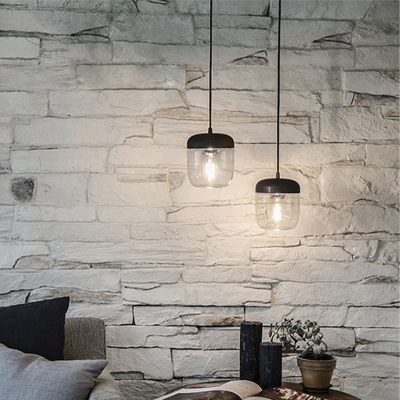 Drum Pendant Lamp Contemporary Clear Glass 1 Head Black Hanging Ceiling Light for Dining Room