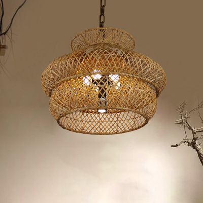 Handwoven Cage Pendant Lamp Single Light Asian Bamboo Shade Hanging Light for Corridor