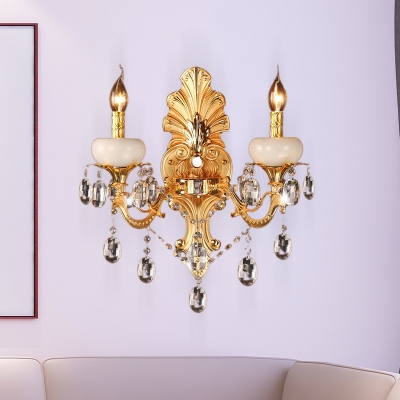 Heads Candelabra Sconce Light Traditional Gold Metal Wall Mount Light with Crystal Drop