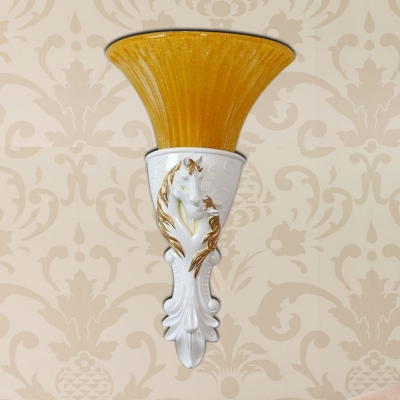 Horse Sconce Light Colony Metal 1 Head White/Gold Wall Lamp Fixture with Trumpet Amber Glass Shade