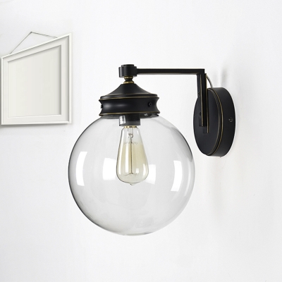 Industrial Global Sconce Light Glass and Metal 1 Bulb Wall Light Fixture in Matte Black Finish