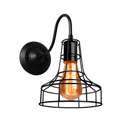 Industrial Style Barn Cage Wall Lighting Metal 1 Light Corridor Wall Sconce with Gooseneck Arm in Black