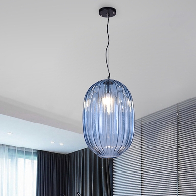 Lantern Pendant Light Vintage 1 Head Blue Prism Glass Suspension Light for Living Room