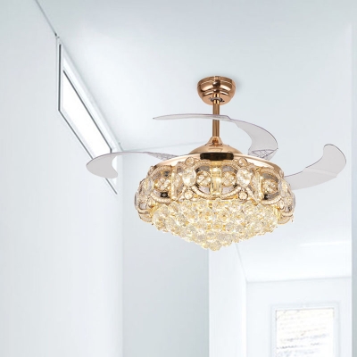 LED Living Room Ceiling Fan Lamp Gold Semi Flush Mount Lighting with Raindrop Crystal Ball