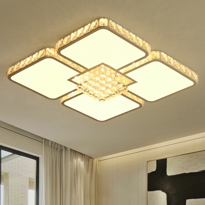 LED Square Flush Mount Lamp Modern White Crystal Ceiling Mounted Fixture for Living Room in White/Warm Light