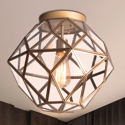 Metal Faceted Ceiling Lighting Colonial 1 Head Bedroom Flush Mount Fixture with Clear Beveled Glass in Brass