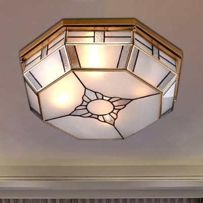 Octagonal Bedroom Flush Mount Light Colonial Blown Opal Glass 3 Bulbs Brass Close to Ceiling Lamp