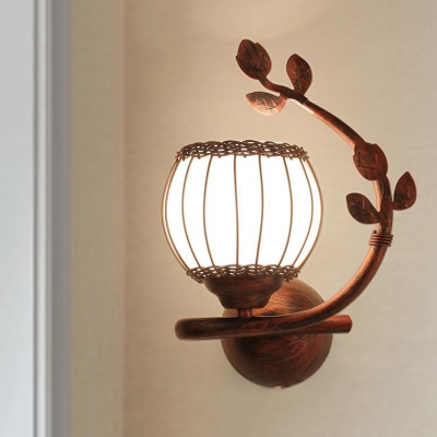 Opal Glass Dark Wood Sconce Light Fixture Globe 1-Light Rustic Wall Mounted Lighting for Bedroom, Right/Left