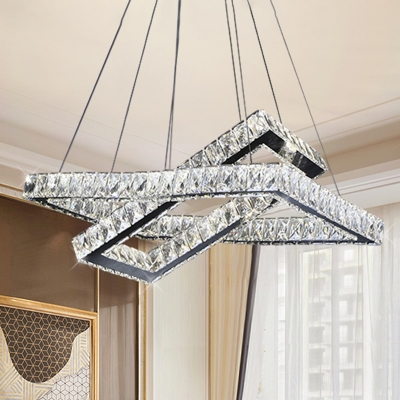 Rectangle Crystal Hanging Pendant Simple Style LED Black Ceiling Chandelier for Living Room