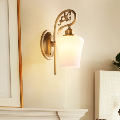 Tulip Shape Living Room Wall Lamp Colonialism Milk Glass 1 Head Brass Wall Mounted Light