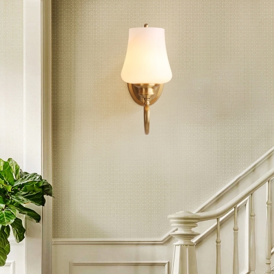 Tulip Shape Living Room Wall Lamp Colonialism Milk Glass 1 Head Brass Wall Mounted Light