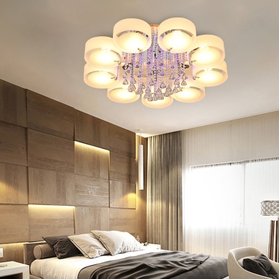 White Drum Ceiling Light Modern 3/5/6 Heads Frosted Glass Flush Mount Light with Crystal Drop