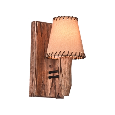 Wood Cone Sconce Light Country Fabric 1/2 Lights Dining Room Wall Mounted Lighting