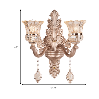 1/2 Heads Bell Wall Lighting with Clear Glass Shade and Crystal Decoration Vintage Gold Finish Sconce Light Fixture
