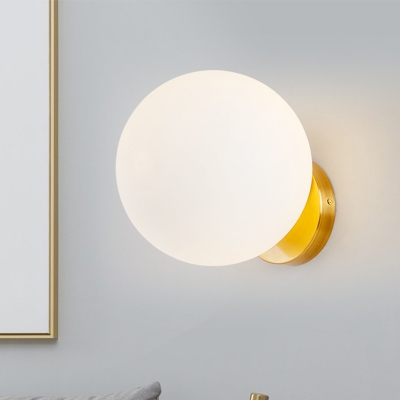 1 Bulb Bedside Sconce Light Minimalist Golden Globe Wall Mount Lamp with Matte White Glass Shade