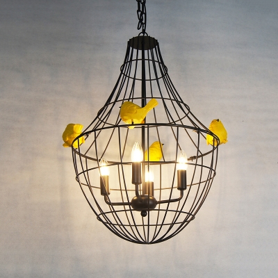 4 Lights Ceiling Pendant Vintage Candle Metal Chandelier Lighting in Black for Restaurant with Cage