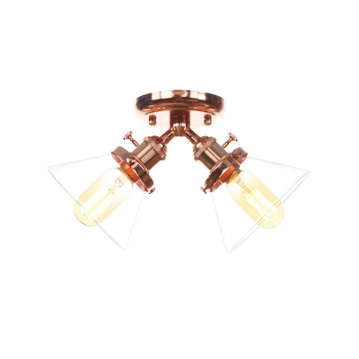 Amber/Clear Glass Conical Ceiling Mounted Light Antique Style 2 Bulbs Black/Bronze Semi Flush Ceiling Light