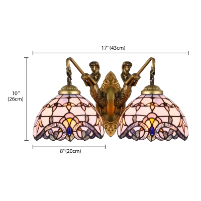 Baroque Style Domed Wall Light with Mermaid 2 Lights Stained Glass Lighting Fixture in Aged Brass